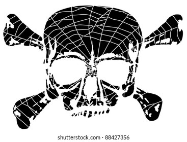 illustration with skull and bones in spider web
