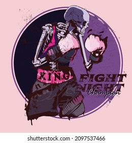 illustration of skull , boxer wearing boxing gloves, Vaporwave color, wearing shorts and tank top.