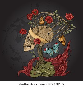 illustration with skull, bush of roses, snake and and flame. grey background