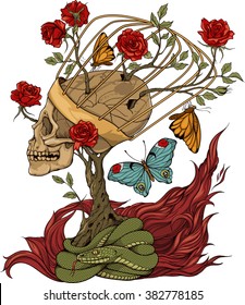 illustration with skull, bush of roses, snake and and flame