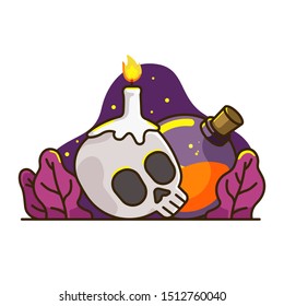 illustration of a skull candle with a witch's potion. gripping halloween with a dark sky. halloween graphic resource for banner and UI design