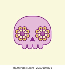 Illustration of a skull, candy skull, dia de los muertos, icon of a skull, skull with flower eyes.