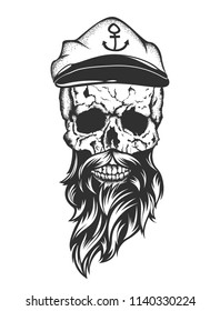 illustration of skull with captain cap beard and mustache