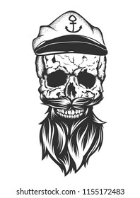 illustration of skull with captain cap beard and mustache