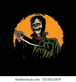 illustration of a skull carrying a knife ready to enliven Halloween. Every day and every time is Halloween