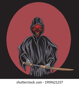Illustration of a skull carrying a sword