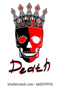Illustration of a skull with a carved crown. Silhouette, black, white.
