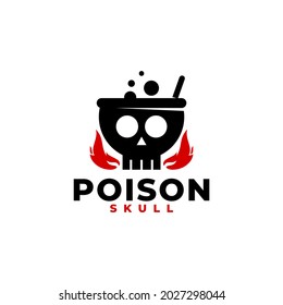 illustration of a skull cauldron with a fire in the bottom, poison skull logo. horror Halloween vector template.