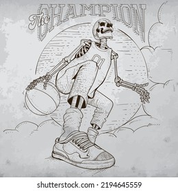 Illustration of skull character, a basketball player wearing sports hoe, trouser and tank top, holding a ball.