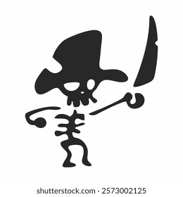 Illustration of a skull character, wearing a pirate hat, and carrying a sword. preparing for battle. black and white.