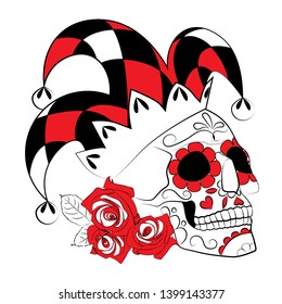 illustration of a skull in a clown headdress with make-up, a symbol of the traditional Mexican holiday Day of the dead and the day of the angel