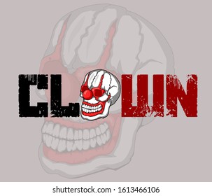 illustration of skull clown with red nose and clown writing