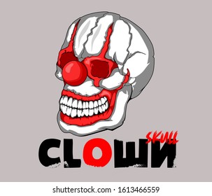 illustration of skull clown with red nose and the words "skull clown"