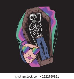 illustration of a skull in a coffin with a woman's face beside it