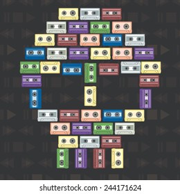 Illustration of skull consists of colorful audiotapes.