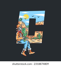 illustration of skull in cowboy clothes.vector illustration of wild desert