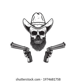 Illustration of skull in cowboy hat with revolvers. Design element for logo, label, sign, poster. Vector illustration