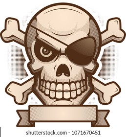 An illustration of a skull and crossbones with banner.