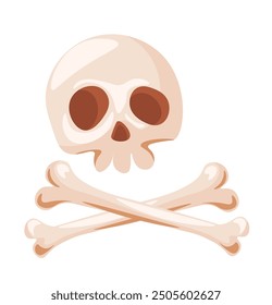 Illustration of a skull and crossbones in a flat cartoon style, isolated on a white background. This vector illustration is ideal for Halloween decorations, pirate themes, and spooky designs.