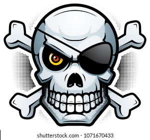An illustration of a skull and crossbones looking evil.