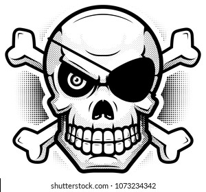 An illustration of a skull and crossbones looking evil.