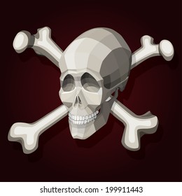 Illustration of skull and crossbones on dark red  background. 