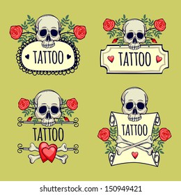 illustration with skull and crossbones with roses. tattoo. set