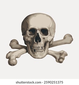 Illustration of a skull and crossbones, symbolizing danger or pirates. Skull and crossbones design, often used to indicate poison or piracy. Classic skull and crossbones icon. Vintage art, vector.