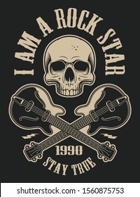 Illustration of a skull with crossed guitars in vintage style on the theme of rock music on a dark background. Ideal for t-shirt design.