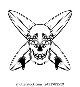 Illustration of skull with crossed surfing boards. Vector illustration