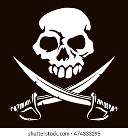 An illustration of a skull and crossed swords pirate jolly roger flag
