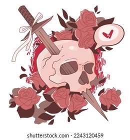 Illustration of a skull with a dagger and roses