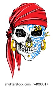 illustration of skull decorated with tattoo on white background