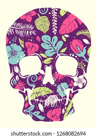 Illustration of a Skull Decorated with Tropical Plants and Flowers