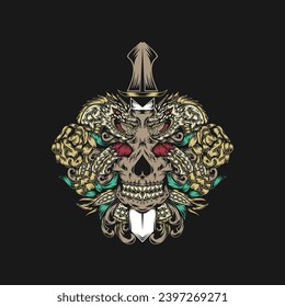 Illustration skull with dragon and sword design vector