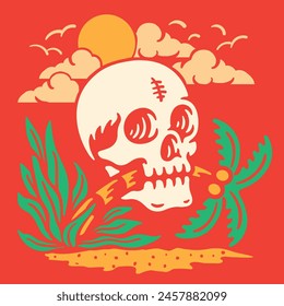  illustration of skull eat coconut tree on the beach. summer season concept