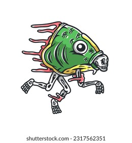 illustration of skull eaten by fish. retro vector on white background
