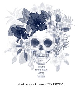 Illustration of the skull and exotic tropical flowers on a white background. Hibiscus. Vector. Black and white.