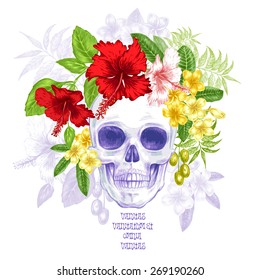 Illustration of the skull and exotic tropical flowers on a white background. Hibiscus. Vector. 