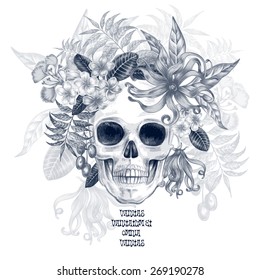 Illustration of the skull and exotic tropical flowers on a white background. Ylang. Vector. Black and white.