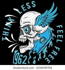 Illustration of a skull with an eye and a broken skateboard, wings on the side, free lifestyle backgrounds with text and armed to go out to the streets to live in the suburbs.