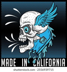 Illustration of a skull with an eye and a broken skateboard, wings on the side, free lifestyle backgrounds with text and armed to go out to the streets to live in the suburbs.