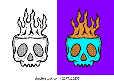 Illustration skull fire hand drawn cartoon vintage style vector