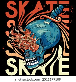 Illustration of a skull with flames in different shades of red and colorful in a surf, urban, skate style, dagger in a tattoo text from California, Venice Beach, alternative urban. Tattoo style.