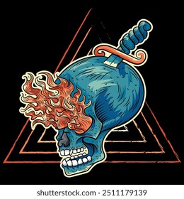 Illustration of a skull with flames in different shades of red and colorful in a surf, urban, skate style, dagger in a tattoo text from California, Venice Beach, alternative urban. Tattoo style.