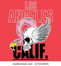 Illustration skull with flamingo and text Los Angeles California Surf Style