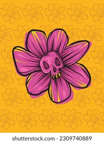 illustration of skull with flower in pop art style. 