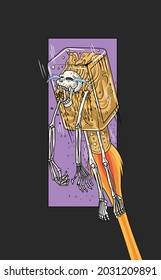 illustration of a skull flying in a bottle like a rocket while crying,this illustrates a person who forgets his heartache by spending the night drinking,this funny illustration can be used as a poster