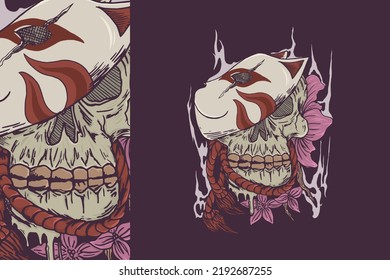 Illustration of a skull with a fox mask and cherry blossoms on a purple background