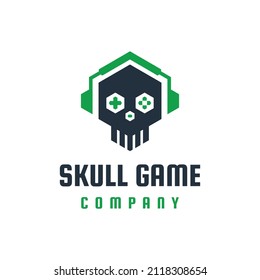 Illustration Skull game gamer team emblem logo vector with controller joystick and headset headphone